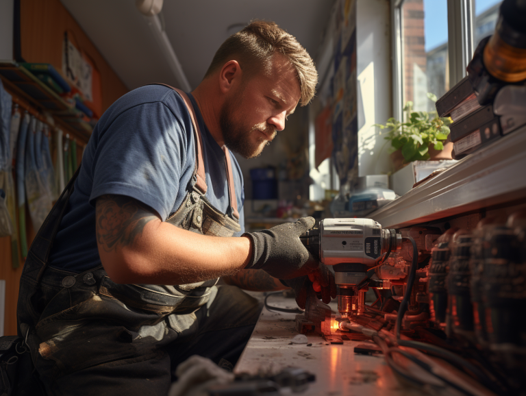 Plombier chauffagiste travaillant sur un système de chauffage moderne