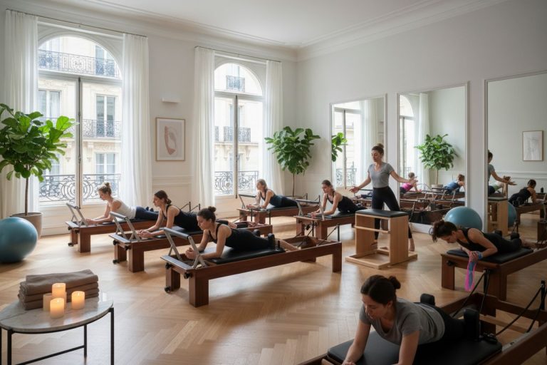 Salle de pilates moderne avec tapis et équipements variés