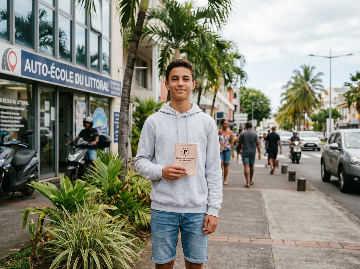 Adolescent avec permis de conduire devant une école à La Réunion