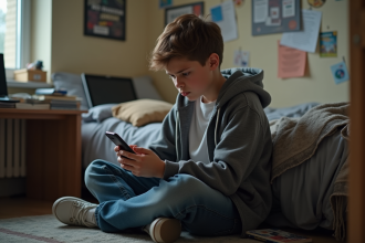 Jeune garçon seul sur le sol de sa chambre regardant son smartphone