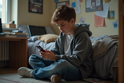 Jeune garçon seul sur le sol de sa chambre regardant son smartphone
