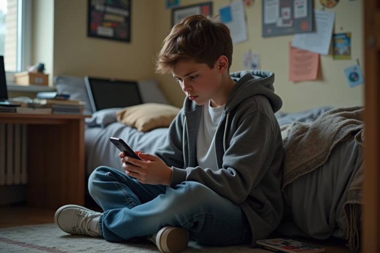 Jeune garçon seul sur le sol de sa chambre regardant son smartphone