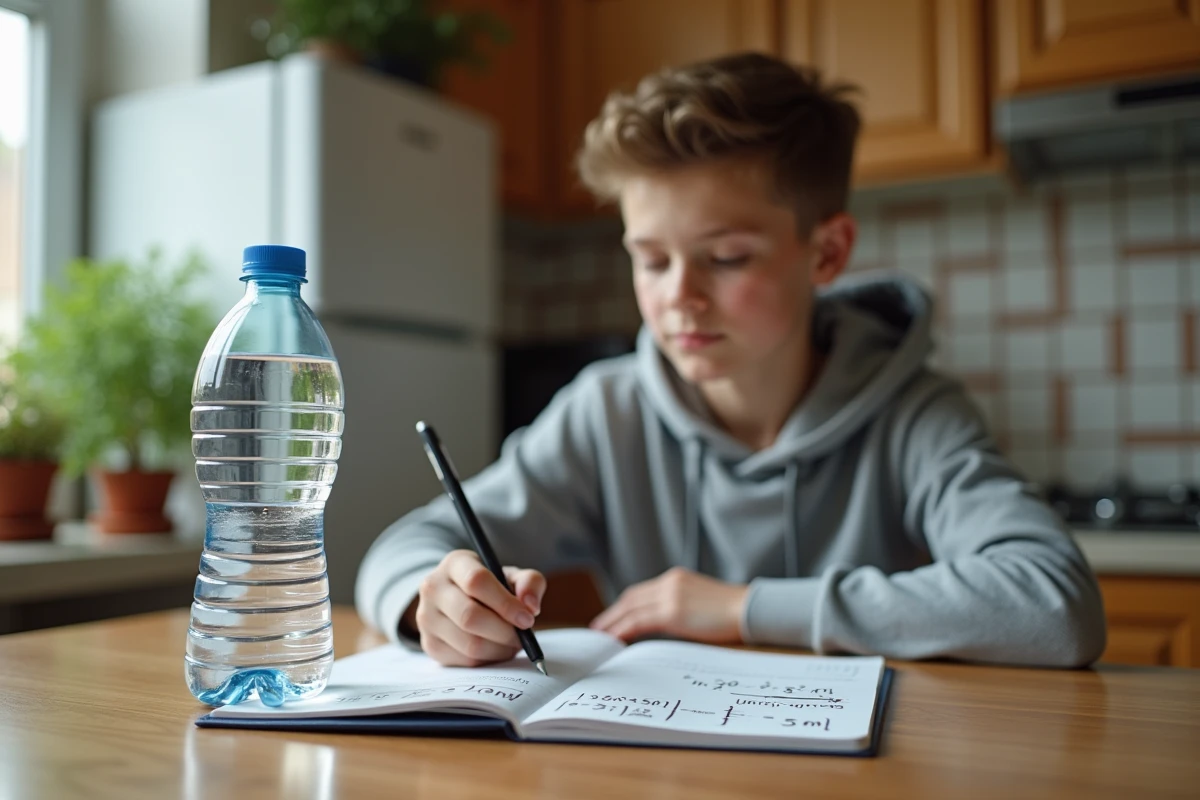 Adolescent comparant une bouteille de 600 ml et ses notes de conversion en litres sur une table de cuisine