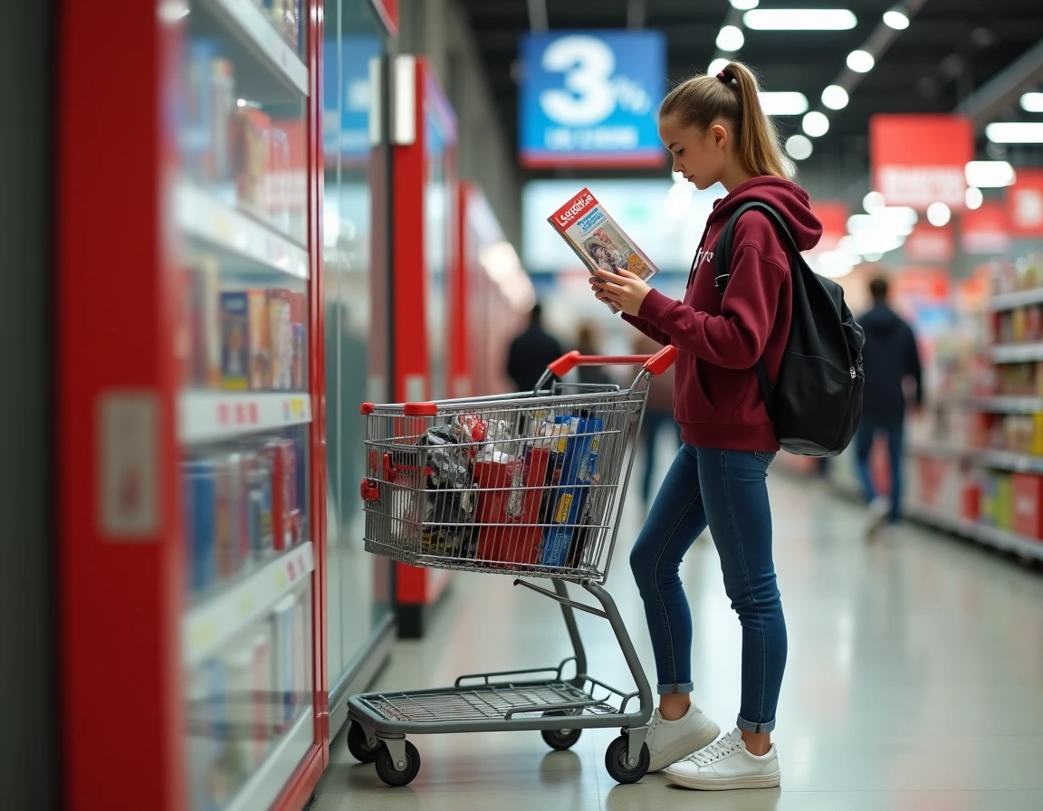 Adolescente consultant le catalogue rentrée Leclerc à l'entrée d'un hypermarché