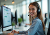 Agent centre d appel souriant avec casque et ordinateur
