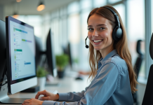 Agent centre d appel souriant avec casque et ordinateur