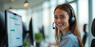 Agent centre d appel souriant avec casque et ordinateur