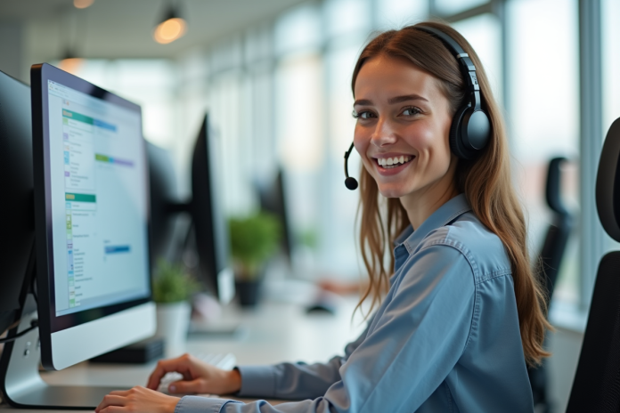 Agent centre d appel souriant avec casque et ordinateur