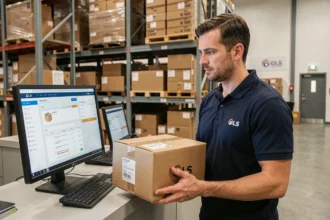 Agent GLS en agence logistique tenant un colis devant un écran de suivi de livraison