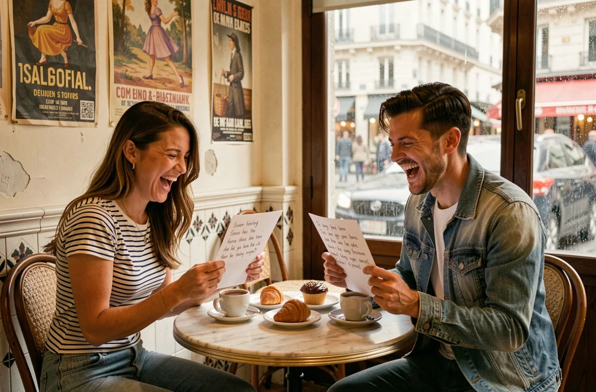 Deux amis hilares dans un café parisien lisant des textes humoristiques avec des rimes drôles