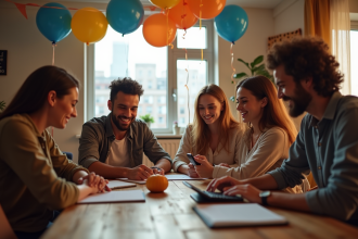 Groupe d'amis calculant leurs dépenses lors d'une fête en intérieur