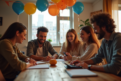 Groupe d'amis calculant leurs dépenses lors d'une fête en intérieur