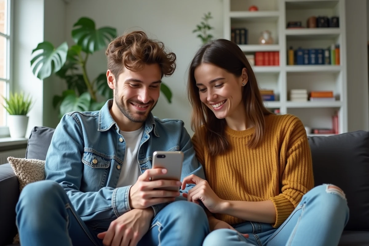 Deux amis fans de manga partageant une lecture de manga en français sur smartphone dans un salon moderne