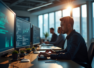 Analyste cybersécurité au travail dans un bureau moderne