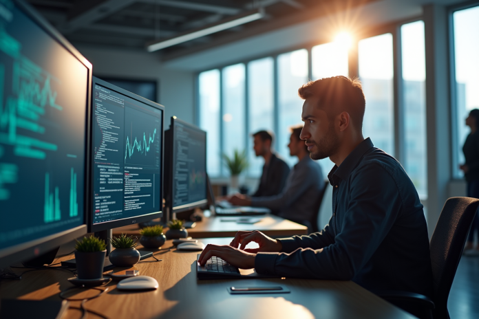 Analyste cybersécurité au travail dans un bureau moderne