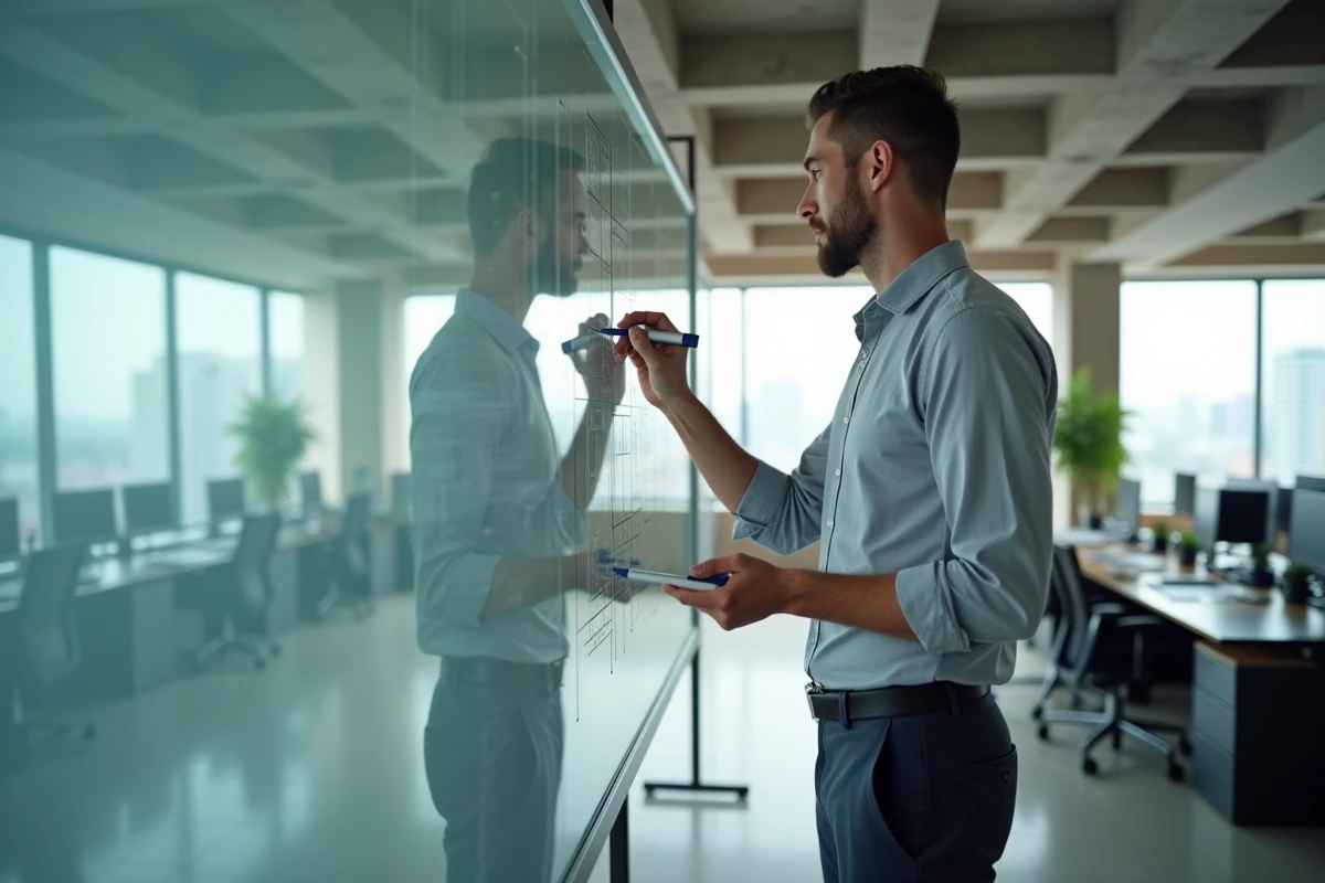 Analyste financier présentant un schéma de prise de participation et de structure actionnariale sur un tableau dans un bureau moderne