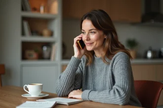 Femme utilisant un smartphone pour passer un appel international vers la Belgique depuis son appartement