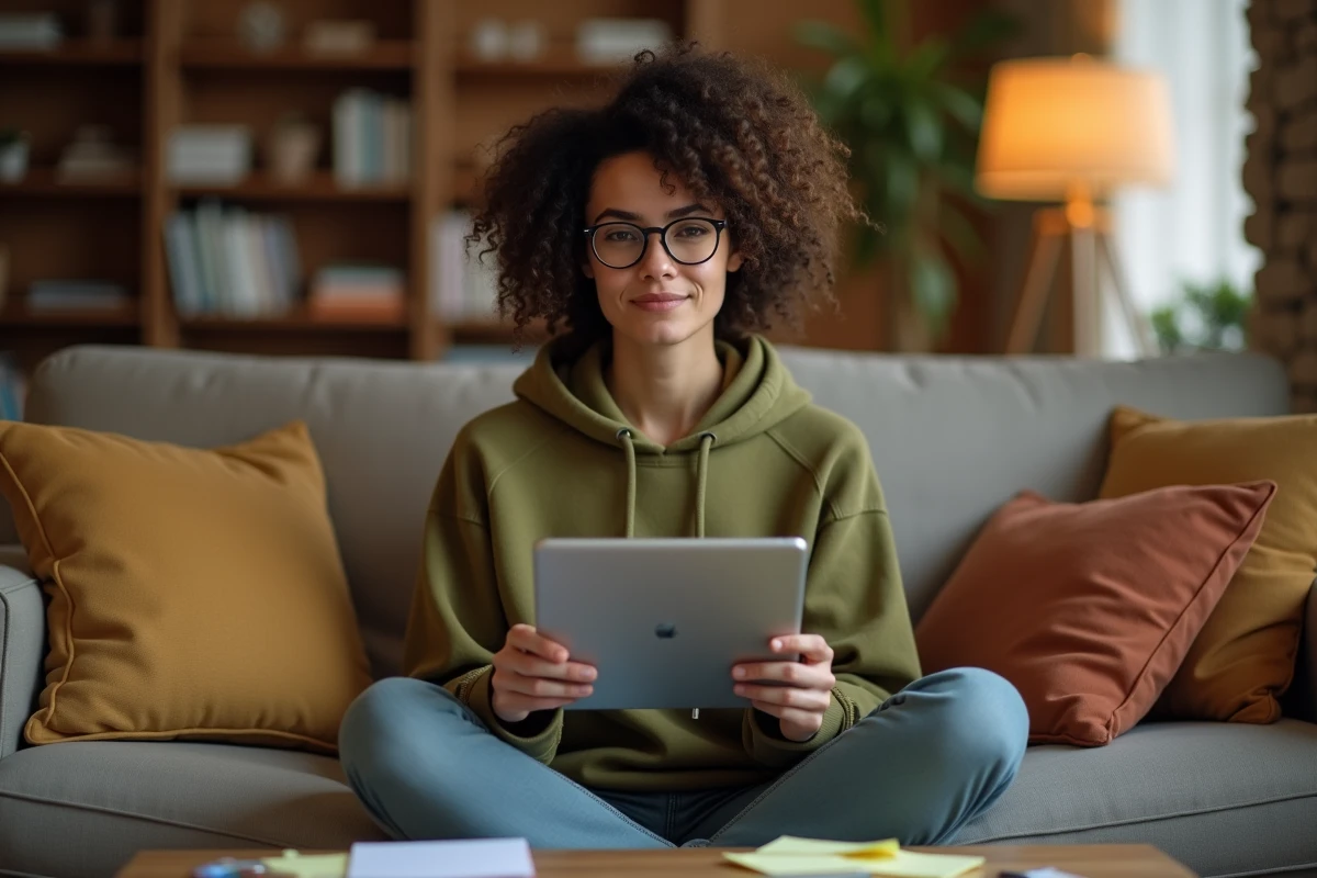 Personne consultant une application de calendrier numérique avec vue semaines paires et impaires sur tablette à la maison