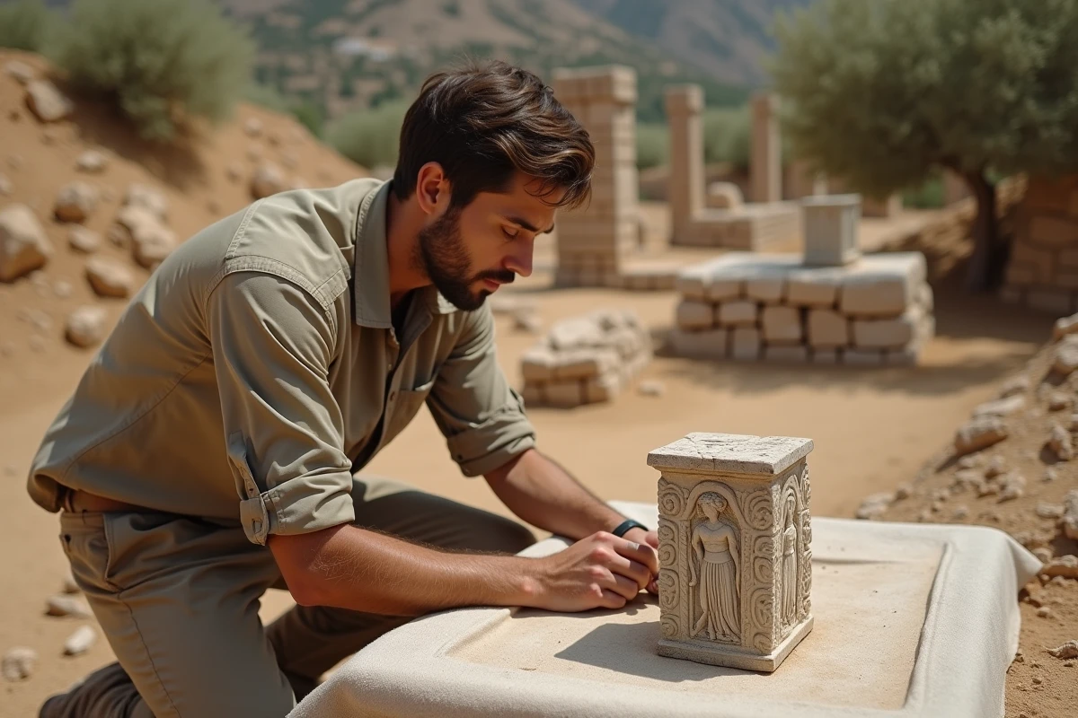 Archéologue examinant un fragment de marbre sculpté représentant des motifs de la déesse Gaïa lors d'une fouille archéologique en Grèce