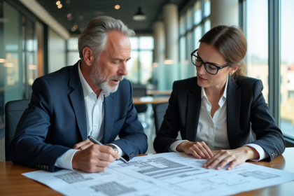 Homme d affaires en costume examine des plans architecturaux dans un bureau moderne