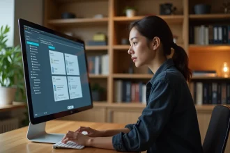 Femme consultant une interface d'archivage numérique sur un grand écran dans un bureau moderne en 2026