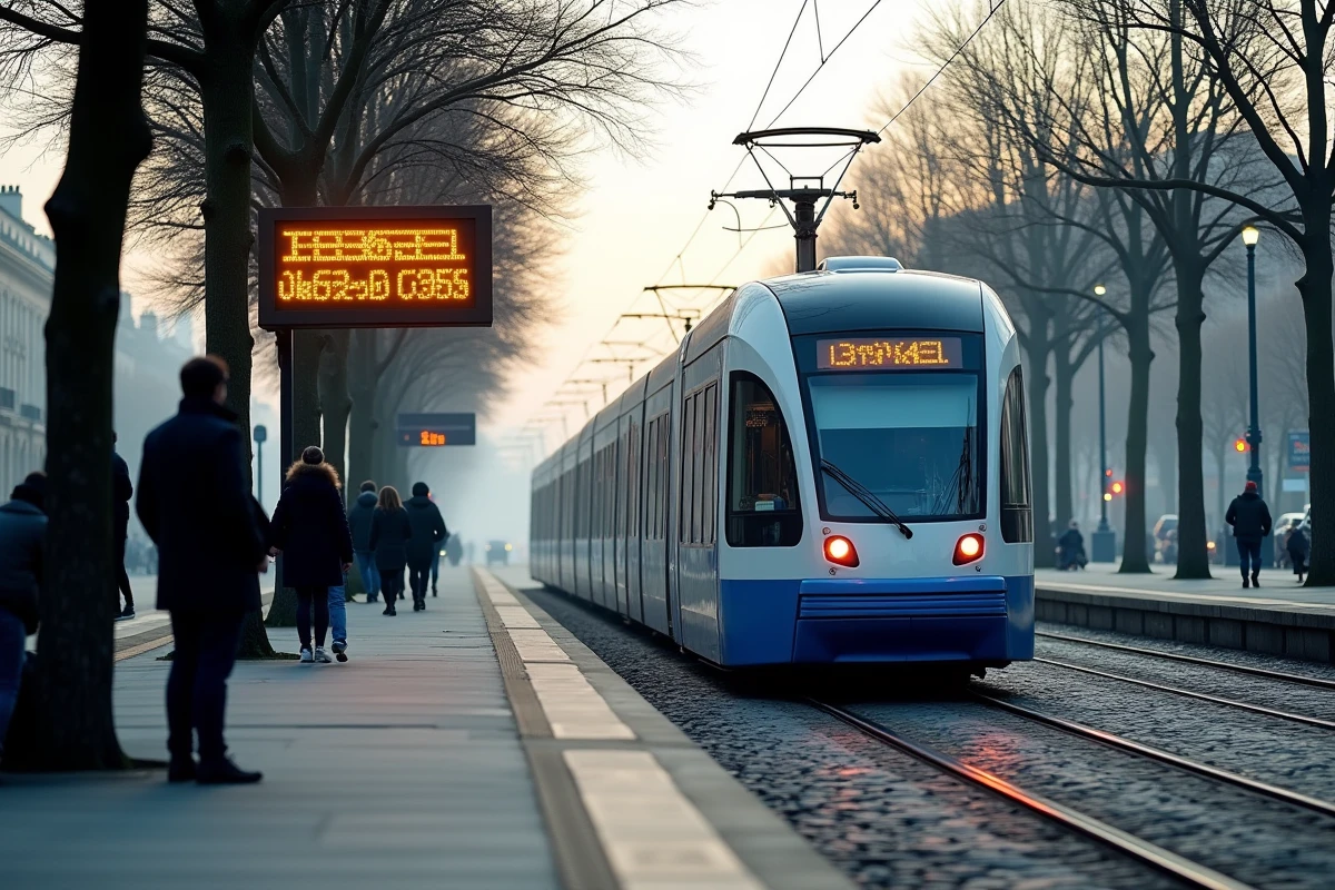 Vue large d'un tram T3B arrivant en station avec des voyageurs qui consultent les horaires sur un écran d'affichage