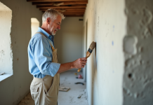 Artisan appliquant un enduit sur un mur intérieur avec une brosse