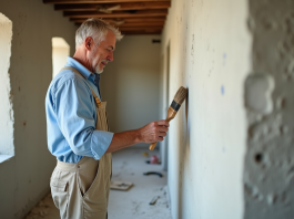 Réussir son enduit brossé délicatement : les secrets des professionnels Artisan appliquant un enduit sur un mur intérieur avec une brosse