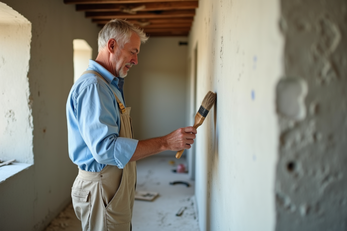 Artisan appliquant un enduit sur un mur intérieur avec une brosse
