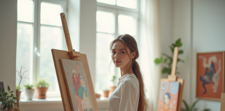 Jeune artiste femme dans son studio minimaliste avec œuvres abstraites