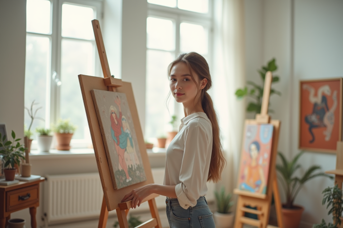 Jeune artiste femme dans son studio minimaliste avec œuvres abstraites