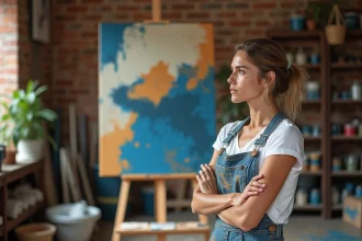 Artiste peintre contemplant une grande toile abstraite dans un atelier au style industriel