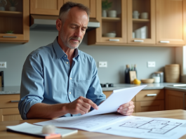 Auditeur energie examine un plan dans une cuisine moderne