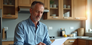 Auditeur energie examine un plan dans une cuisine moderne