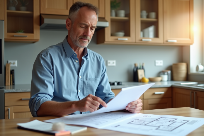 Auditeur energie examine un plan dans une cuisine moderne