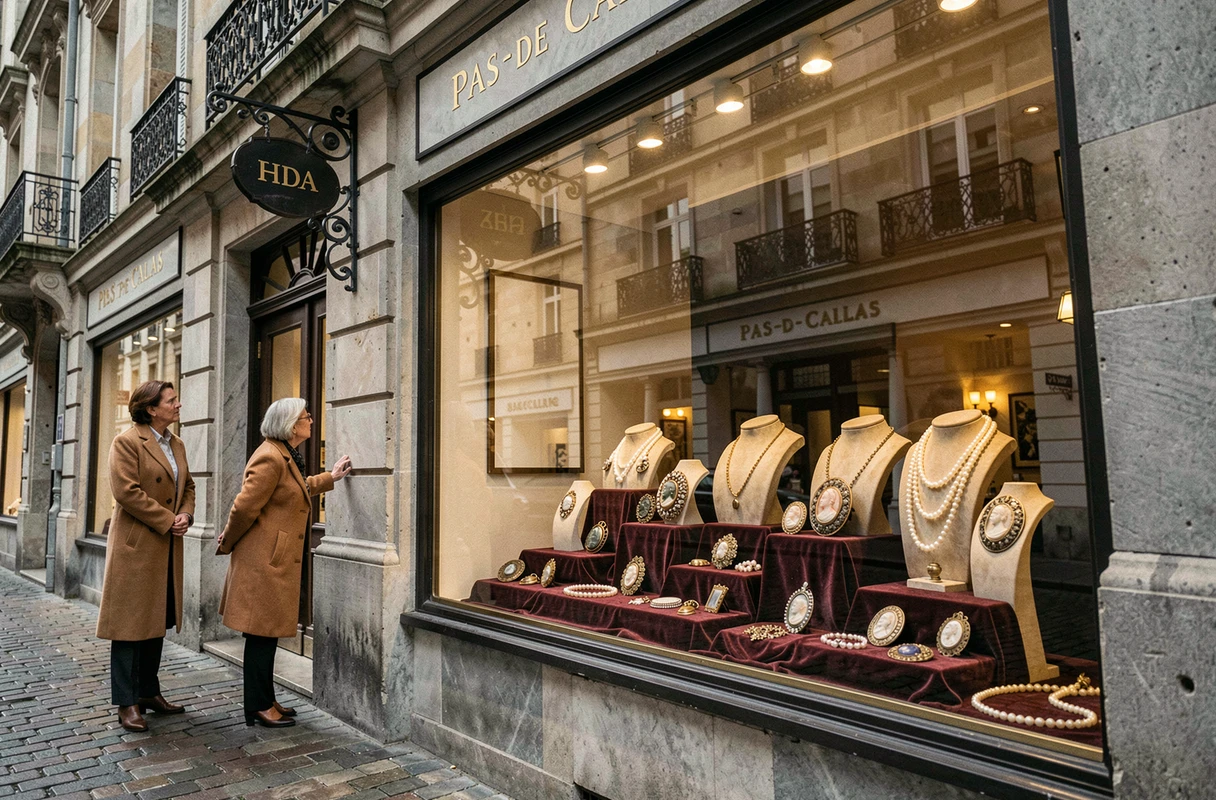 Devanture de la Bijouterie du Théâtre avec vitrine de bijoux anciens sur une rue pavée du Pas-de-Calais