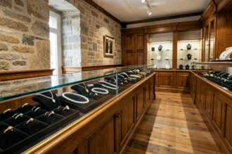 Intérieur d'une bijouterie artisanale dans le Pas-de-Calais avec vitrines remplies de bijoux en or et diamants