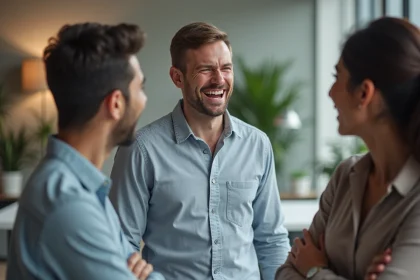 Collègue qui rit d'une blague gênante au bureau tandis que ses collègues semblent mal à l'aise