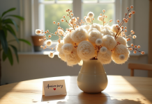 Bouquet élégant avec laine blanche et fil de cuivre en vase