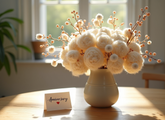 Bouquet élégant avec laine blanche et fil de cuivre en vase