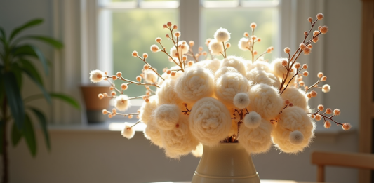 Bouquet élégant avec laine blanche et fil de cuivre en vase