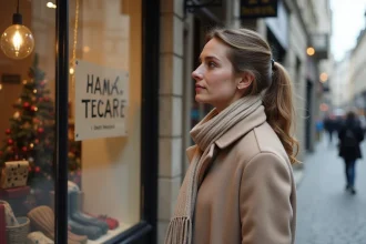Femme devant une boutique ouverte en centre-ville le 1er janvier, vitrine avec panneau ouvert et décoration du Nouvel An