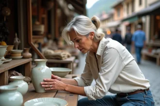 Femme inspectant un vase ancien lors d'une braderie en Savoie parmi des objets de brocante