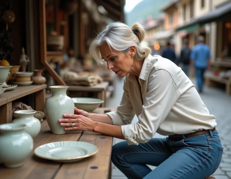 Femme inspectant un vase ancien lors d'une braderie en Savoie parmi des objets de brocante