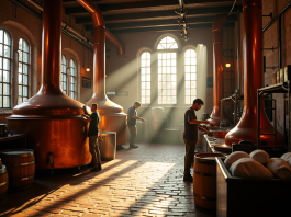 Intérieur d'une brasserie belge traditionnelle avec cuves en cuivre