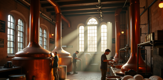 Intérieur d'une brasserie belge traditionnelle avec cuves en cuivre