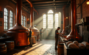 Intérieur d'une brasserie belge traditionnelle avec cuves en cuivre
