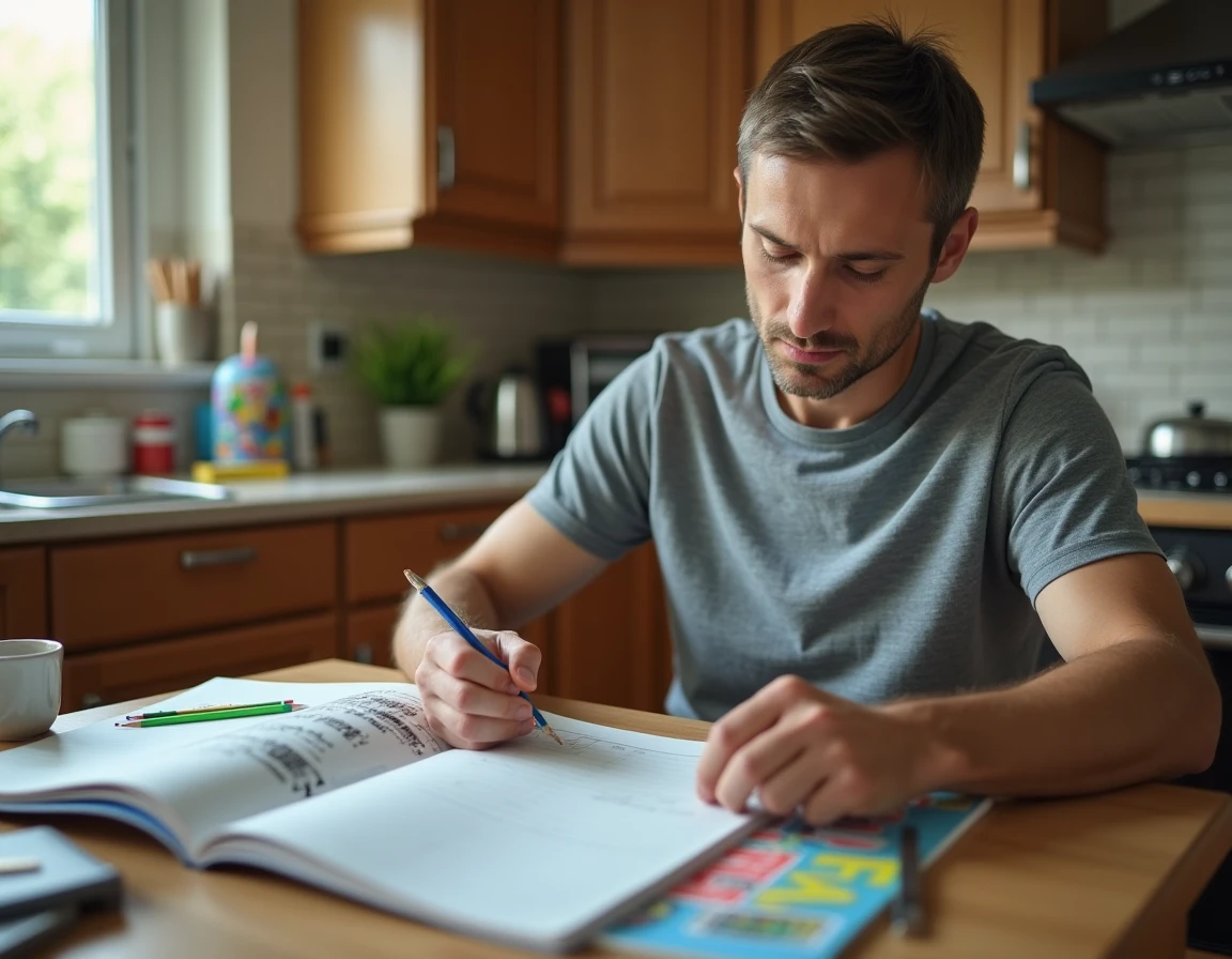 Père de famille planifiant son budget rentrée avec le catalogue Leclerc sur une table de cuisine