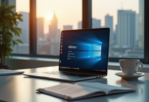 Bureau moderne avec ordinateur portable affichant une mise à jour Windows