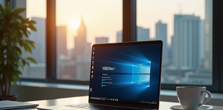 Bureau moderne avec ordinateur portable affichant une mise à jour Windows